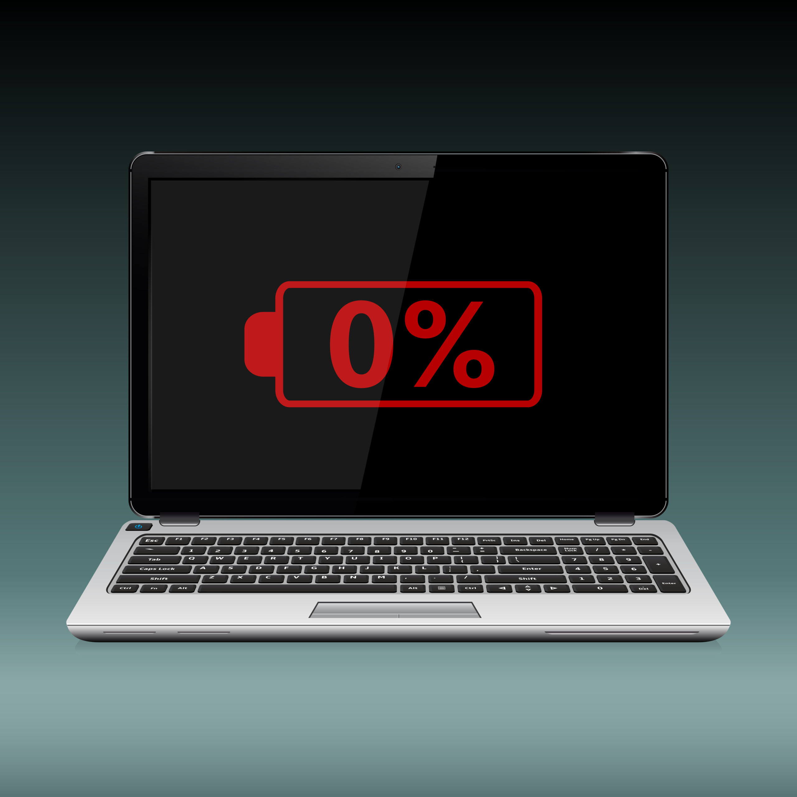 Modern laptop with low battery sign on the screen. Vector illustration.
